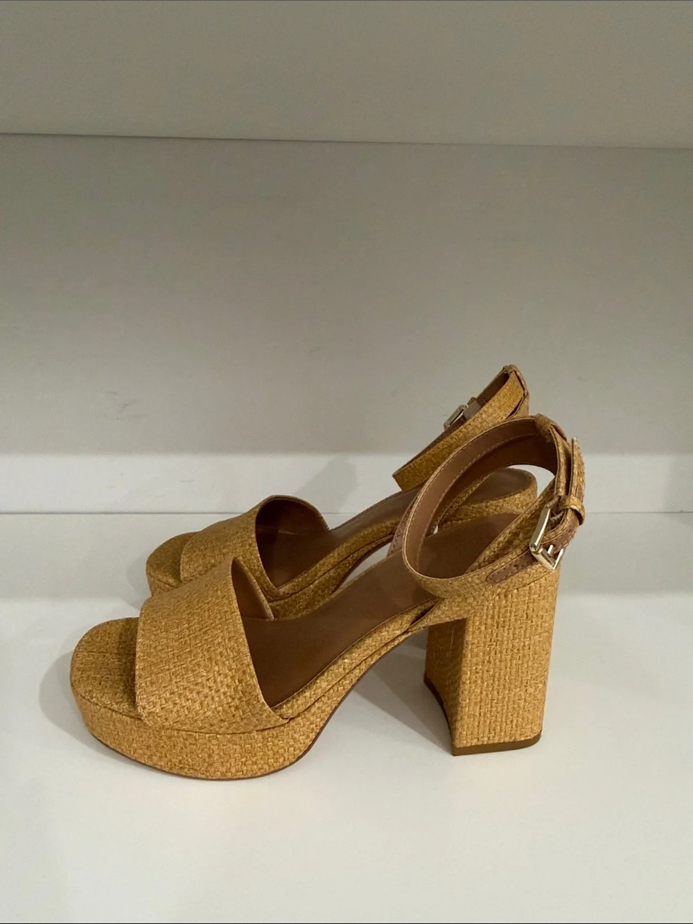 Woven Platform Ankle-Strap Sandals in Tan